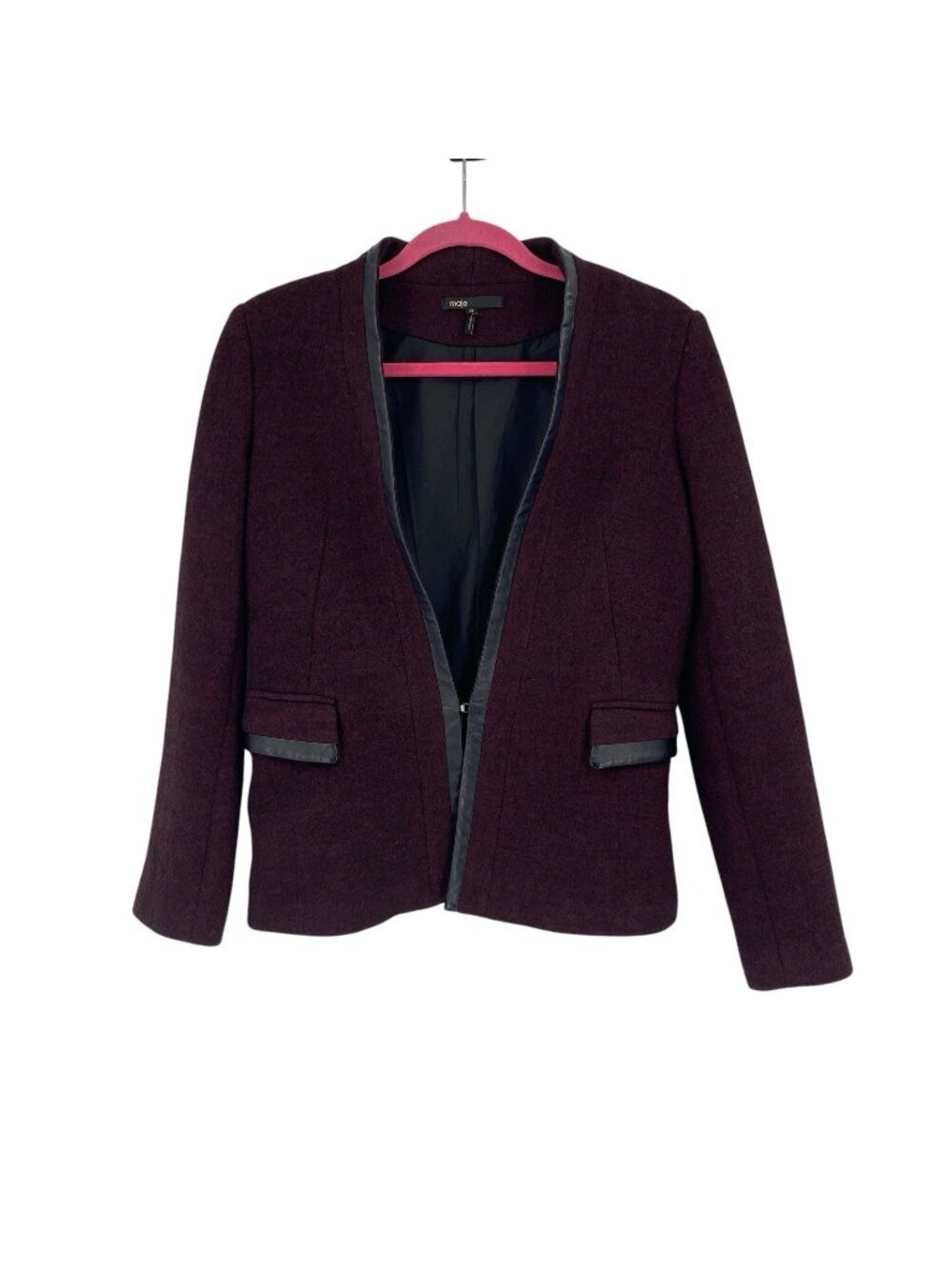 Maje Size 38 Medium Burgundy Wool Blazer W/ Leather Trim Jacket Fitted